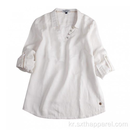 흰색 긴 소매 여성의 느슨한 긴 캐주얼 셔츠